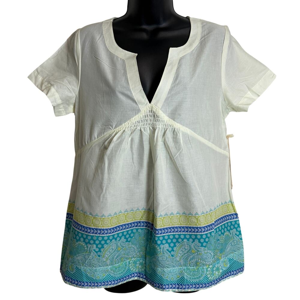 Caribbean Joe  Babydoll Blouse Small White Blue Tropical Split Neck Cotton Top